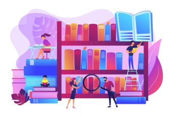 Reading books, encyclopedias. Students studying, learning. Public library events, free tutoring and workshops, library homework help concept. Bright vibrant violet vector isolated illustration