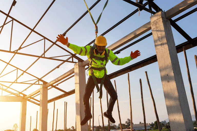 Trabajador de construcción protegido con arnés para la prevención de riesgos laborales